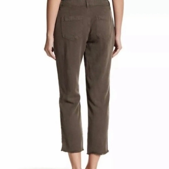 Joie Cropped Pants Size 8 Army Green Linen Blend Fray Hem Studded Straight Leg - Picture 3 of 16